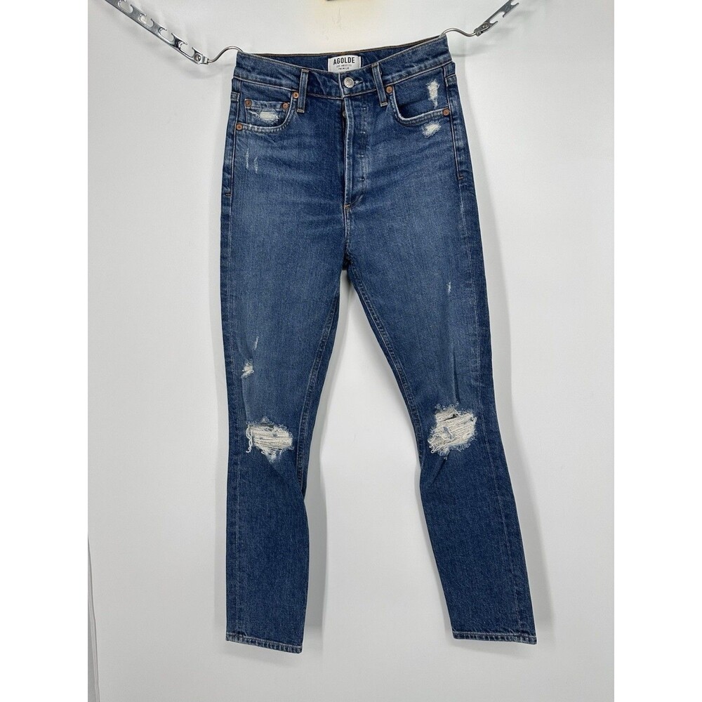 Agolde Women's Skinny Jeans in Dark Blue with Distressing